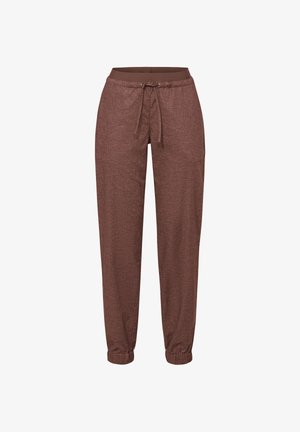 Braune gerade geschnittene Hose mit elastischem Bund und Bündchen, ausgestattet mit einem Kordelzug und einer Seitentasche, auf weißem Hintergrund.