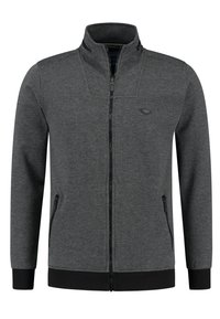 Chaqueta gris con cremallera de tejido de punto texturizado, cuello alto, bolsillos laterales y puños y dobladillo acanalados. Presenta un pequeño logo en el pecho.
