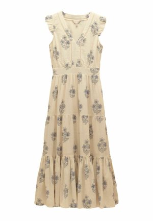 Ärmelloses beiges Maxikleid mit blauem Blumenmuster, V-Ausschnitt, gerafften Kappenärmeln, tailliertem Schnitt und gestuftem Rock.