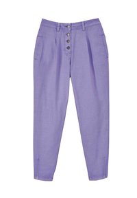 Lavender broek met een hoge taille, vijfknoopssluiting, zijzakken en een ontspannen pasvorm. Gemaakt van lichtgewicht stof met een soepele textuur.