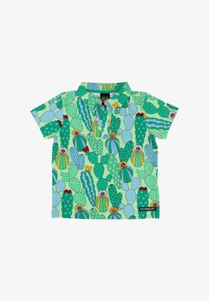Short-sleeved shirt in light green featuring a cactus print with various shapes and colors, including dotted and striped patterns.