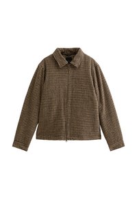 Chaqueta marrón a cuadros con cuello, cremallera completa y mangas largas. Fabricada con un tejido texturizado, presenta un ajuste relajado y detalles de patrón sutiles.