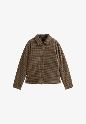 Brązowa kurtka w kratę z kołnierzem, pełnym zamkiem błyskawicznym i długimi rękawami. Wykonana z fakturowanej tkaniny, posiada luźny krój i subtelne detale wzoru.