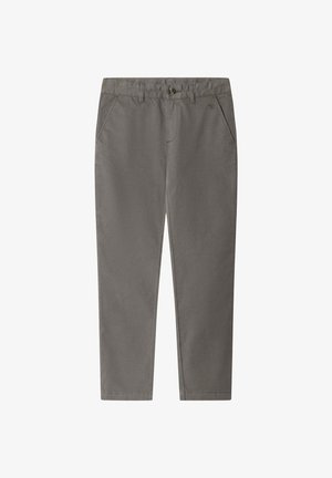 Grijze katoenen chinos met een gladde textuur. Voorzien van steekzakken aan de voorkant, een ritssluiting en een enkele knoopsluiting. Rechte pijp ontwerp.