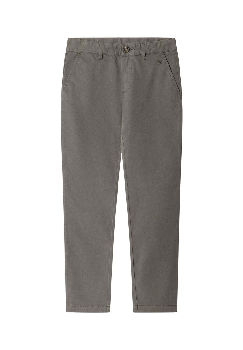Grå bomuldschinos med en glat tekstur. Har forlommer, lynlås foran og lukning med en enkelt knap. Straight-fit design.