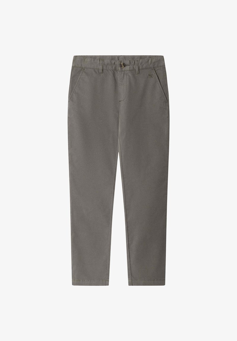 Pantaloni chino grigi in cotone dalla texture liscia. Presentano tasche frontali, cerniera con zip e chiusura con un solo bottone. Design a gamba dritta.