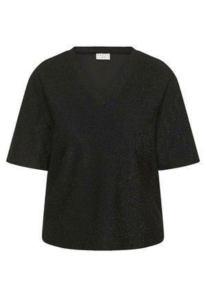 Zwarte blouse met korte mouwen en V-hals, gemaakt van een glinsterend materiaal. Heeft een ontspannen pasvorm en een gladde textuur. Eenvoudig ontwerp, zonder patronen.