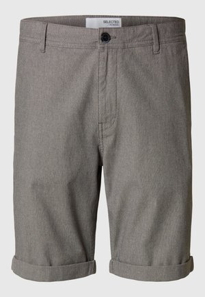 Gray woven shorts with a folded hem, featuring a single button closure and front pockets, designed for casual wear.