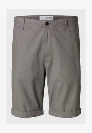 Pelēki austie šorti ar saliektu apakšmalu, piedāvājot vienu pogu aizdari un sānu kabatas, paredzēti ikdienas valkāšanai.