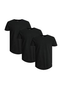 Set aus drei schwarzen Baumwoll-T-Shirts. Rundhalsausschnitt, kurze Ärmel, abgerundeter Saum, minimales Branding am unteren Ende. Glatte Textur, leichtes Material.