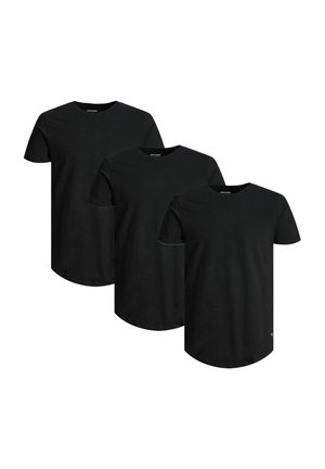 Set van drie zwarte katoenen T-shirts. Ronde hals, korte mouwen, gebogen zoom, minimale branding aan de onderkant. Katoenen, lichte stof met een gladde textuur.