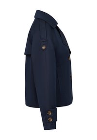 Navy blue jacket with a structured design, featuring a wide collar, double-breasted buttons, and side pockets. Soft, textured fabric.