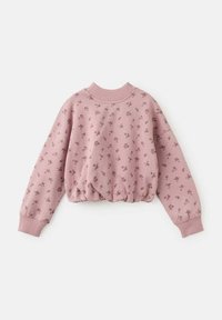 Felpa rosa con motivo floreale, colletto e polsini a coste, design corto e orlo arricciato per una vestibilità aderente. Materiale morbido in misto cotone.
