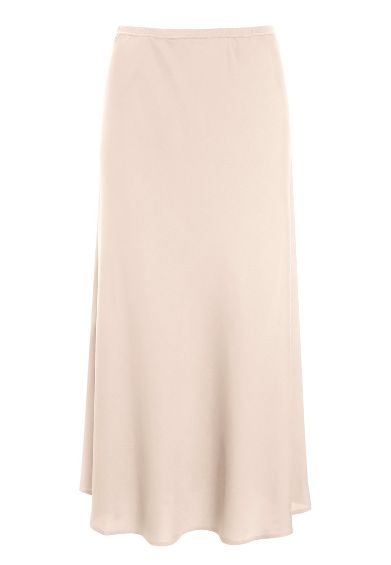 Jupe longue beige avec un ourlet légèrement évasé et une taille élastique, fabriquée en tissu lisse et léger.