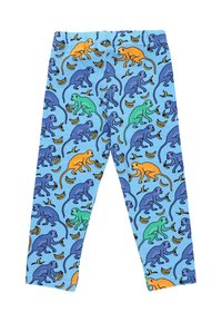 Leggings blu con una stampa giocosa di scimmia e banana in arancione, verde e viola. Tessuto morbido con vita elastica.