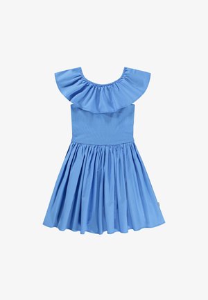 Light blue sleeveless dress with a ruffled neckline and gathered skirt. Made from smooth fabric, featuring a fitted bodice and flared hem.