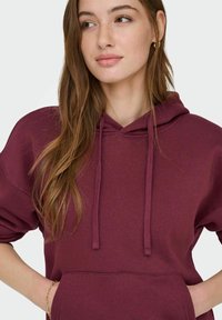 Bordeauxrode hoodie gemaakt van zacht katoen, met een kangoeroezak, een capuchon met trekkoord en een losse pasvorm. Gestructureerde stof.