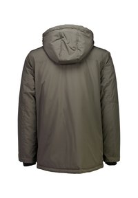 Mørkegrøn polstret jakke med hætte, med en glat tekstur og elastiske manchetter. Ingen synlige mærker eller udsmykninger.