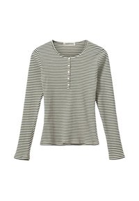 Maglia a maniche lunghe a righe in bianco e nero, con scollo rotondo e una pattina con cinque bottoni sul davanti. Tessuto morbido e dalla texture piacevole.