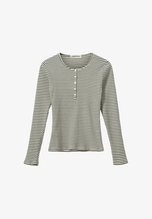 Prugasta majica s dugim rukavima u crnoj i bijeloj boji, s okruglim izrezom i plaketom s pet gumba sprijeda. Mekana teksturirana tkanina.