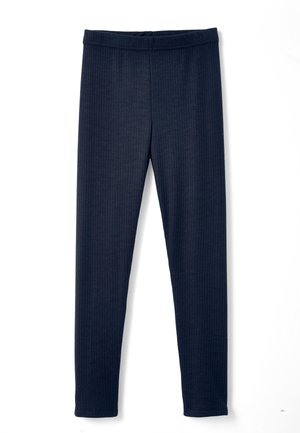 Leggings a coste color navy con vita elastica, caratterizzati da una texture liscia e un design aderente, adatti per un look casual o per essere indossati a strati.