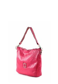 Red leather handbag with a glossy finish, featuring a studded strap, silver hardware, and a square decorative detail on the front.