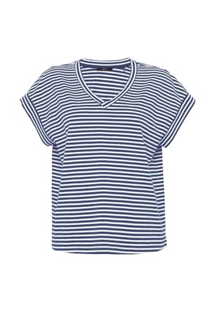 T-shirt manches courtes, rayures horizontales bleu marine et blanc, col en V, coupe décontractée et revers de manches pliés.