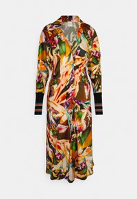 Robe à manches longues boutonnée avec un imprimé floral abstrait vibrant en orange, vert, violet et noir, avec des poignets rayés noirs.