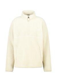 Pullover in pile color crema con collo a mezzo zip, due tasche laterali con zip e un'esterno morbido e testurizzato.