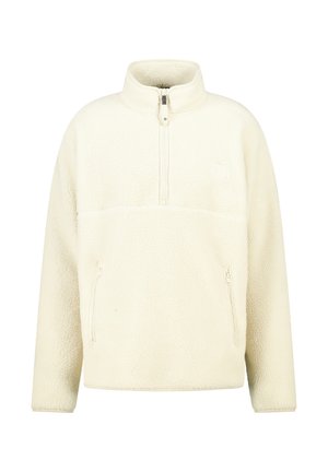 Crème kleurige fleece pullover met een halve rits kraag, twee zijzakken met rits en een zachte, gestructureerde buitenkant.