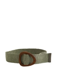 Woven fabric belt in muted olive green with a large, rounded wooden buckle. Features a smooth texture and a minimalist design.