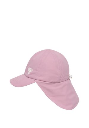 Jasnoróżowy kapelusz przeciwsłoneczny z osłoną na szyję, regulowany z tyłu, z zakrzywionym rondem i małym białym logo z przodu.