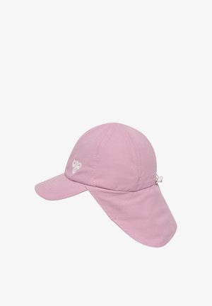 Jasnoróżowy kapelusz przeciwsłoneczny z osłoną na szyję, regulowany z tyłu, z zakrzywionym rondem i małym białym logo z przodu.