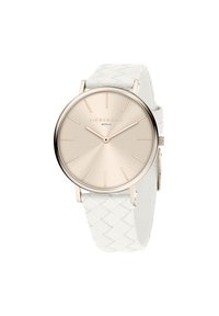 Ronde horloge met een roségouden kast en een minimalistische lichtroze wijzerplaat. Witte geweven leren strap met accenten. Eenvoudige uuraanduidingen.
