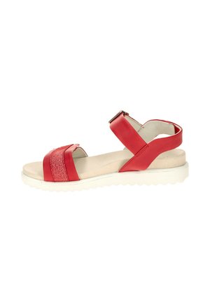 Rote Leder-Sandale mit offenem Zehenbereich und Knöchelriemen, gepolstertem beigem Fußbett, strukturiertem Vorderriemen und weißer profillierter Sohle.