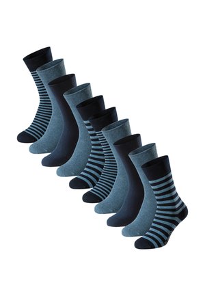 Set von zehn blauen Socken mit einfarbigen und gestreiften Mustern in verschiedenen Blautönen, klassischer Crew-Länge, weicher Textur.