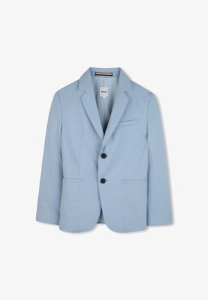 Blazer azzurro chiaro realizzato in tessuto testurizzato, con rever a punta, due tasche frontali e tre bottoni neri sul davanti.