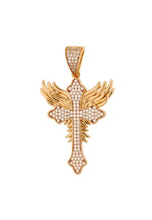 Arany kereszt medál apró gyémántokkal és a kereszt mögül kinyúló, stilizált angyalszárnyakkal díszítve.