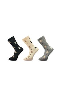 Three pairs of ankle socks: black with cat patterns, beige with multicolored cats, and grey with similar designs. All have ribbed cuffs.