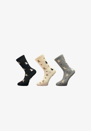 Drei Paar Knöchelsocken: schwarz mit Katzenmustern, beige mit mehrfarbigen Katzen und grau mit ähnlichen Designs. Alle haben gerippte Bündchen.