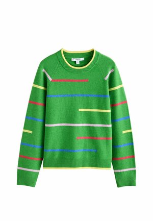 Green sweater featuring colorful horizontal stripes in blue, red, yellow, and pink. Crew neck with ribbed cuffs and hem. Soft texture.