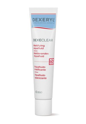 Dexeryl DexeClear mattifying aquafluid sunscreen SPF 50+, 40 ml tube with dermatological expertise branding.