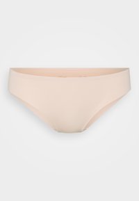 Jasnoróżowe bikini dolne wykonane z gładkiego, elastycznego materiału. Posiada klasyczny krój z obniżoną talią i bez widocznych szwów.