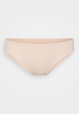 Lys rosa bikini-bunn laget av glatt, stretchy stoff. Har en klassisk snitt med lavt liv og ingen synlige sømmer.