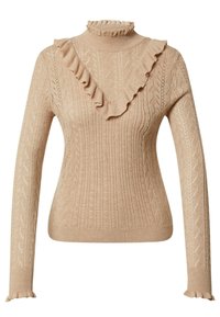 Beige geribbelde trui met een hoge ruches gevormde hals en een V-vormig ruche-detail. Lange mouwen met geschulpte randen en gestructureerde patronen.