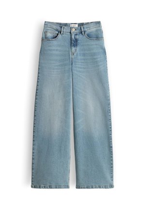 Hellblaue Jeans mit weitem Bein aus Denim. Verfügt über Vordertaschen, einen Knopfverschluss und ein verblasstes, leicht abgenutztes Finish.
