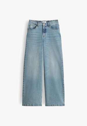 Hellblaue Jeans mit weitem Bein aus Denim. Verfügt über Vordertaschen, einen Knopfverschluss und ein verblasstes, leicht abgenutztes Finish.
