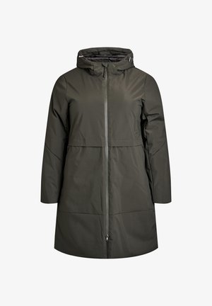 Manteau d'hiver noir vert jusqu'aux genoux avec capuche, manches longues, fermeture éclair sur le devant et poches latérales, conçu pour les temps froids.
