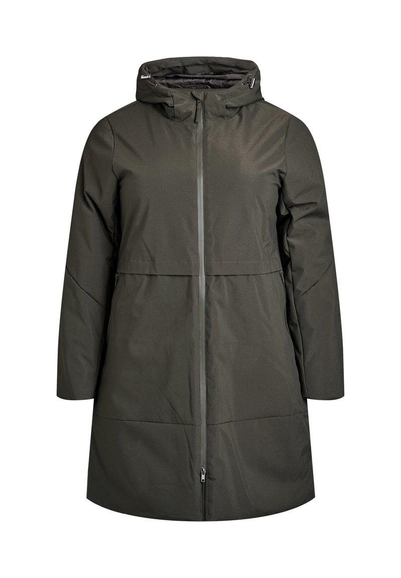 Donkergroene winterjas tot de knie met een capuchon, lange mouwen, een ritssluiting aan de voorkant en zijzakken, ontworpen voor koud weer.