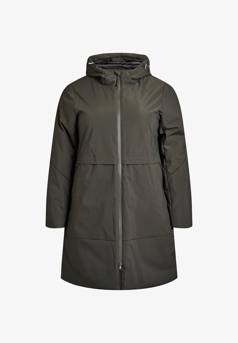 Mørkegrøn knælang vinterfrakke med hætte, lange ærmer, frontlynlås og sidelommer, designet til koldt vejr.